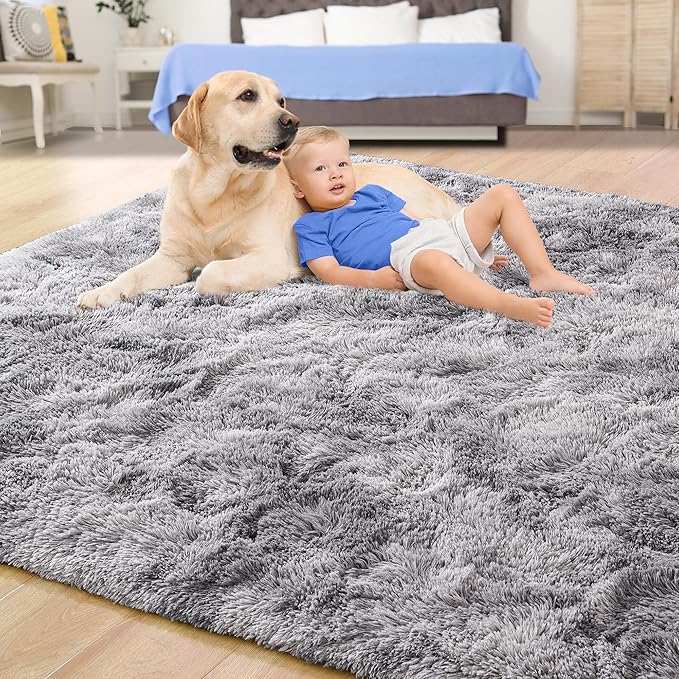 Tepook Soft Fluffy Rugs for Bedroom, 4x6 Area Rug for Living Room, Modern Shaggy Room Rug for Kids Boys Girls, Plush Throw Rugs Indoor Nursery Home Decor Rug with Non-Slip Bottom, Tie-dye Light Grey