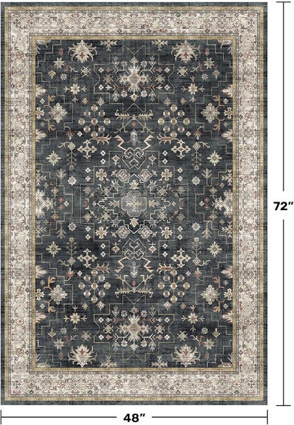 Boho Washable 4x6 Entryway Rug - Non-Slip Low Pile Geometric Area Rug for Living Room, Large Kitchen, Bedroom, Office - Ultra Soft Dark Modern Aesthetic Decor, Black & Multi