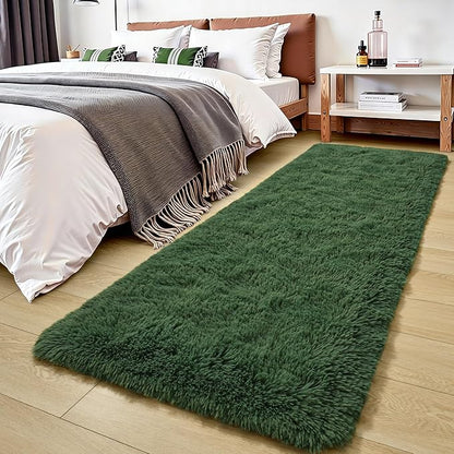 Tepook Soft Runner Rugs for Bedroom 2x6 with Rubber Backing, Dark Green Fluffy Rugs for Hallway, Shag Bedside Rug Fuzzy Plush Carpet for Living Room Dorm Nursery Indoor Home Decor