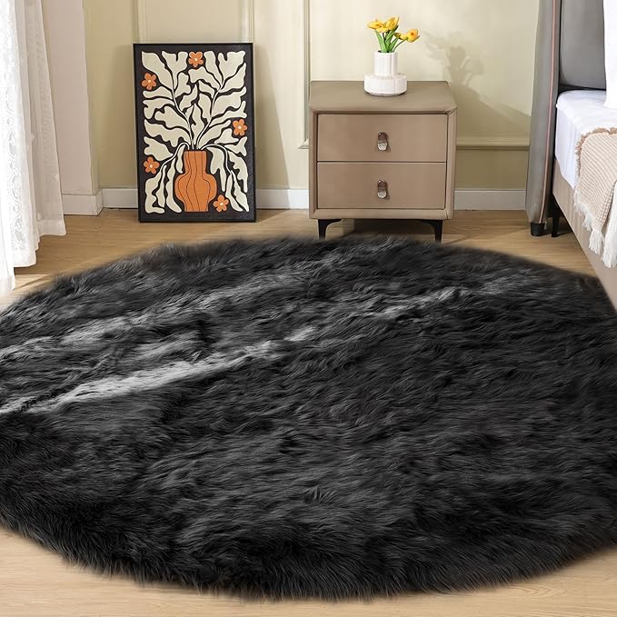 ORINOVA Washable Faux Fluffy Fur Round Area 6.6ft Rugs for Living Room Black Large Furry Rug for Bedroom Boho Circle Nursery Rug Teen Room Décor