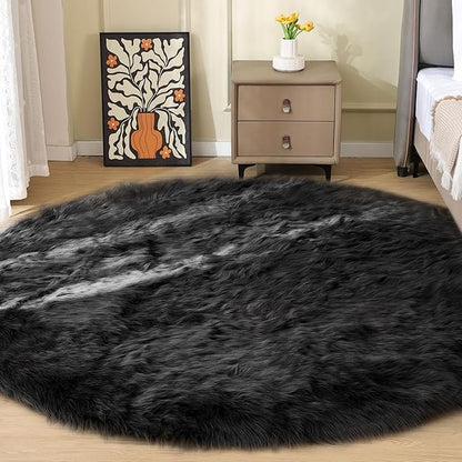 ORINOVA Washable Faux Fluffy Fur Round Area 6.6ft Rugs for Living Room Black Large Furry Rug for Bedroom Boho Circle Nursery Rug Teen Room Décor