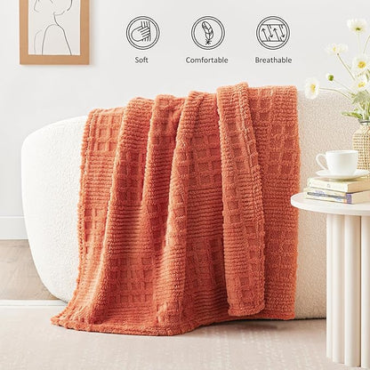 EXQ Home Fleece Throw Blanket for Couch or Bed - 3D Waffle Patchwork Pattern Jacquard Decorative Blankets - Cozy Soft Fuzzy Flannel Blanket Suitable for All Seasons(50"×60",Terracotta)