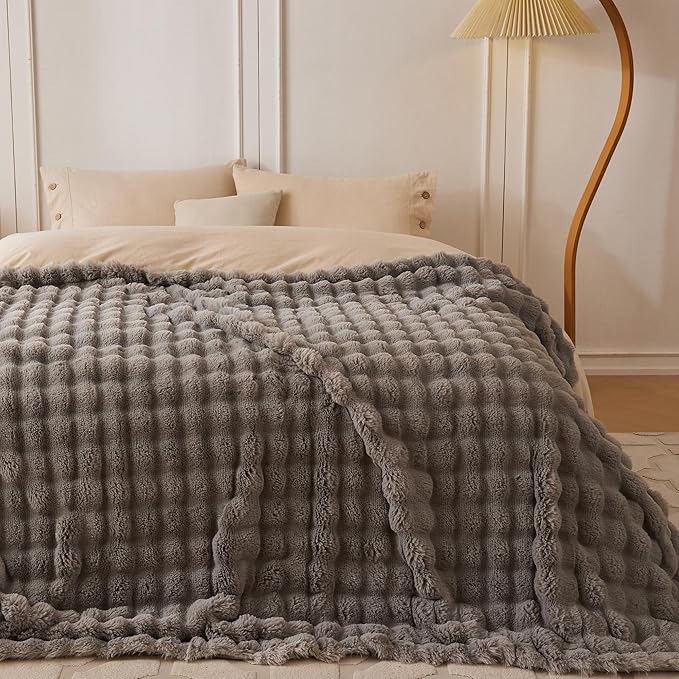 COOVA Faux Fur Throw Blanket for Couch, Cozy Soft and Fuzzy Plush Rabbit Fur Bubble Blanket for Sofa Bedroom Living Room, 50x60 Inches Grey