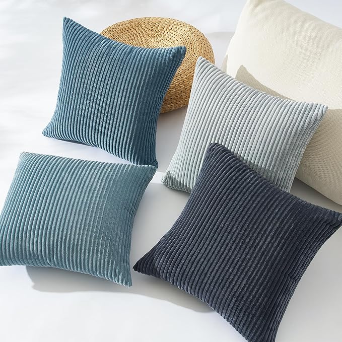 Topfinel BlueGray Decorative Throw Pillow Covers 16x16 Inch Set of 4,Soft Accent Corduroy Striped Gradient Color Small Cushion Cover for Beach,Patio,Balcony,Couch Living Room,Summer Home Decor