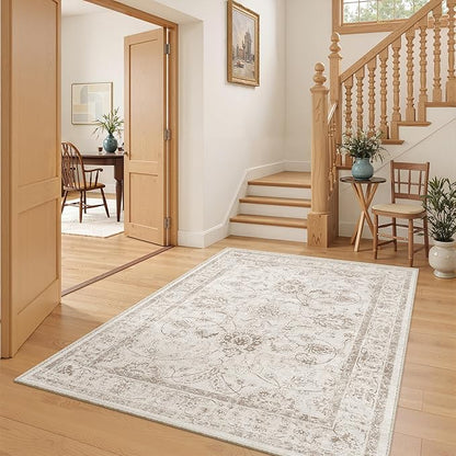 Madane Washable Area Rug 4x6, Low Pile Stain Resistant Vintage Area Rugs, Non Slip Accent Rug Floral Print Indoor Mat for Living Room Kitchen Bedroom, Brown/Ivory