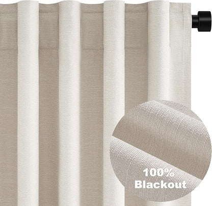Extra Wide Total Blackout 96 Inch Curtains 70 Inches Wide for Living Room 2 Panels Ivory Cream Linen Blackout Curtain for Large Window Treatment Privacy Thermal Drapes Rod Pocket Pleated 72"W x 96"Lx2