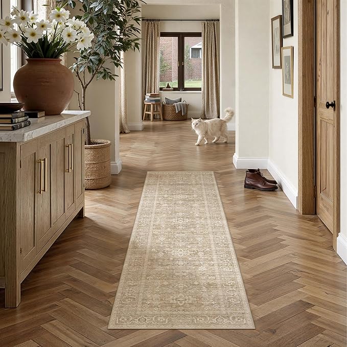2x6 Washable Runner Rug for Hallway Kitchen Vintage Beige Non Slip Low Pile Carpet Traditional Retro Soft Throw Rug for Bathroom Bedroom Entryway Indoor Entrance