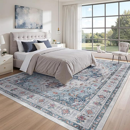 zesthome Area Rugs 9x12, Washable Rug Non-Slip Low Pile Rugs for Living Room, Bedroom, Home Decor Vintage Large Area Rug (Blue,9'x12')