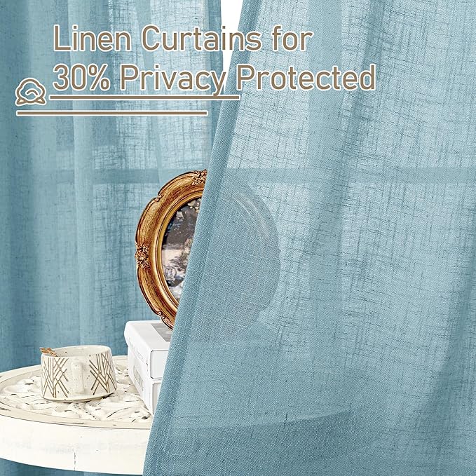 LAMIT Short Linen Curtains 30 Inch Length for Cafe, Semi Sheer Light Filtering Panels Back Tab and Rod Pocket Room Decor Drapes for Basement/Small Window, Stone Blue, 2 Panels, 34 x 30 Inch