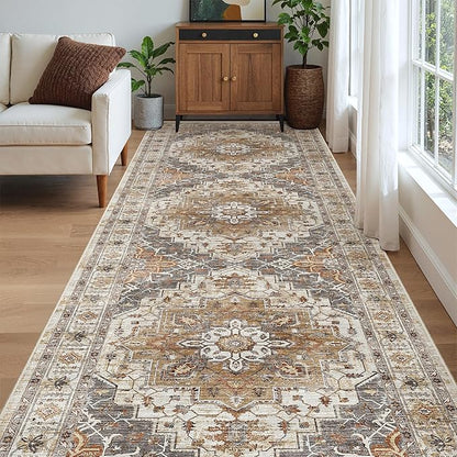 Madane 4x12 Wide Hallway Runners: Washable 12ft Runner Rug for Entryway Living Room Soft Vintage Non Slip Carpet Runner for Kitchen Dining Room Nursery Bedroom Thin Area Rug (Turmeric/Grey, 4x12ft)