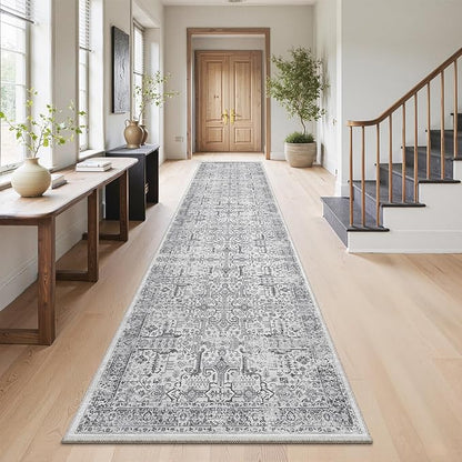 Hallway Washable Runner Rug 2x10 - Non Slip Vintage Kitchen Runner Rugs for Entryway Low-Pile Waterproof Long Runners for Living Room Bedroom Medallion Indoor Floor Mat for Bathroom Laundry Grey