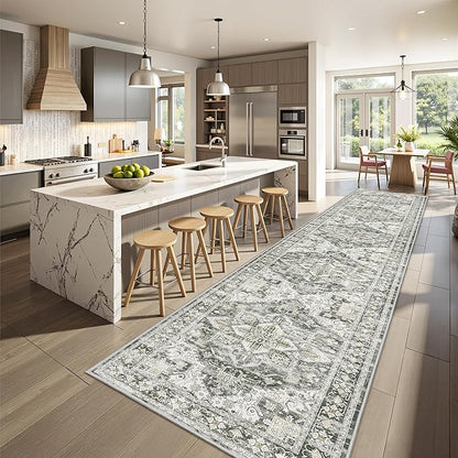 Hallway Runner Rug 2x12, Extra Long Washable Runner Rugs with Rubber Backing, Non Slip Runner, Vintage Rug Runners for Kitchen Laundry Room Entryway (Grey/Beige,2'x12')