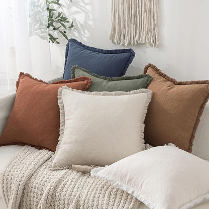 MIULEE Decorative Throw Pillow Covers Neutral Linen Fringe Throw Pillows Set of 2 Brown Boho Farmhouse Cushion Covers with Tassels for Couch Sofa Bed Living Room Spring Home Decor 20x20 Inch