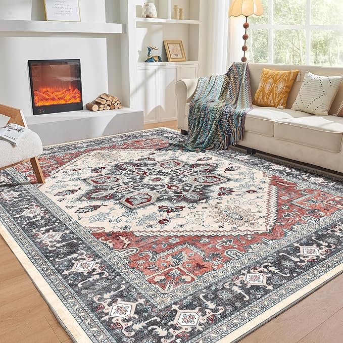 OPPODREAM Soft 6x9 Area Rugs, Washable Rug 6x9 with Non Slip Backing, Faux Cashmere Low-Pile 6 x 9 Carpet, Black & Red
