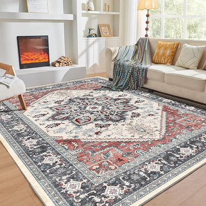 OPPODREAM Soft 6x9 Area Rugs, Washable Rug 6x9 with Non Slip Backing, Faux Cashmere Low-Pile 6 x 9 Carpet, Black & Red