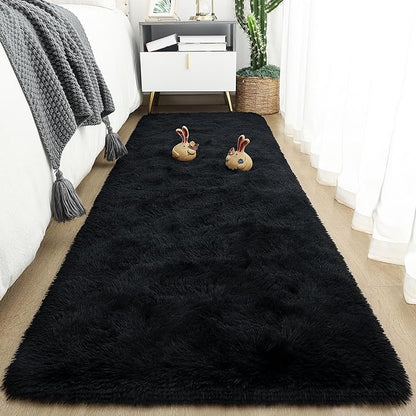 Tepook Soft Runner Rugs for Bedroom 2x6 ft with Rubber Backing, Black Fluffy Rugs for Living Room, Shag Bedside Rug Fuzzy Plush Carpet for Room, Area Rug for Dorm Nursery Hallway Indoor Home Decor