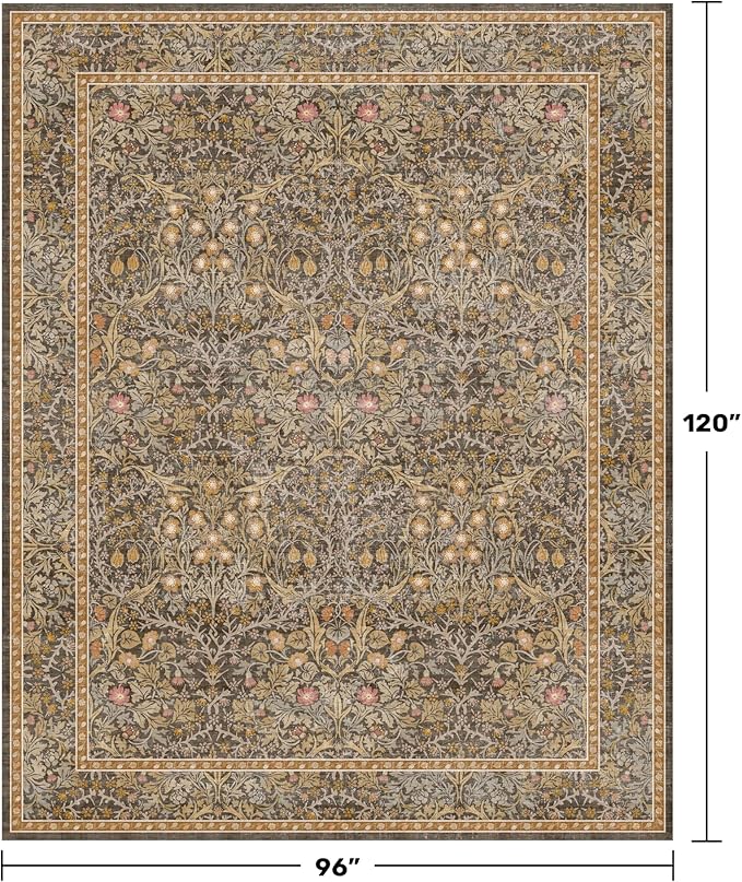Vintage Floral Living Room Rug 8x10, Gold Brown Washable Area Rugs for Bedroom, Dining Room Under Kitchen Table, Oriental Low Pile Non-Slip Large Indoor Carpet with Taupe Yellow Earthy Tones