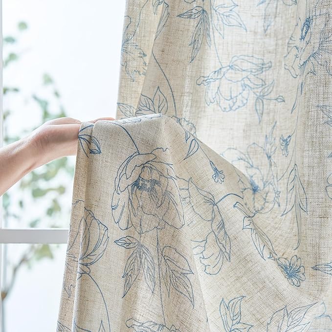 jinchan Floral Linen Curtains for Living Room 63 Inch Length Blue Flower Curtain Rod Pocket Back Tab Farmhouse Curtains with Printed Floral Bedroom Window Curtain Set, 2 Panels Blue