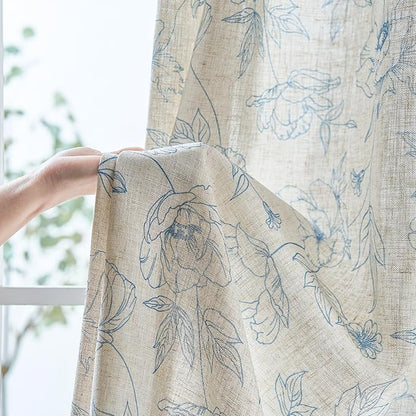 jinchan Floral Linen Curtains for Living Room 63 Inch Length Blue Flower Curtain Rod Pocket Back Tab Farmhouse Curtains with Printed Floral Bedroom Window Curtain Set, 2 Panels Blue