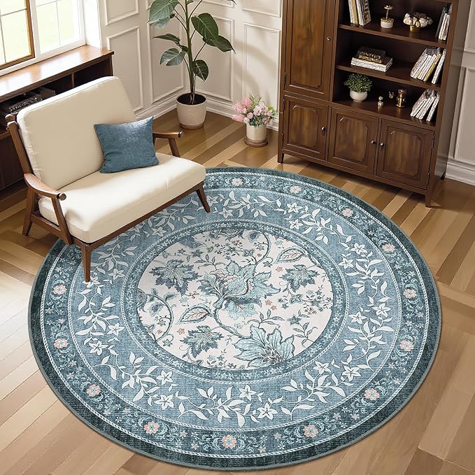 GarveeHome Misty Blue Botanical Grove 5ft Round Rug, Small Circle Vintage Cottagecore Soft Low-Pile Non-Slip Washable Rugs for Living Room Bedroom Nursery Kitchen Retro Carpet