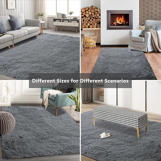 10X14 Large Shag Area Rugs for Living Room Bedroom,Big Soft Purple Fluffy Rug for Bedroom Dorm, Indoor Carpet Nursery Rugs for Kids Girls Room Home Decor,Dark Grey