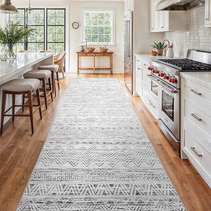 4x12 Washable Hallway Runner Rug：Moroccan Non-Slip Wide Runners for Entryway Kitchen Soft Modern Geometric Low-Pile Rugs for Living Room Thin Waterproof Carpet for Bedroom Bathroom Laundry(Grey,4x12)