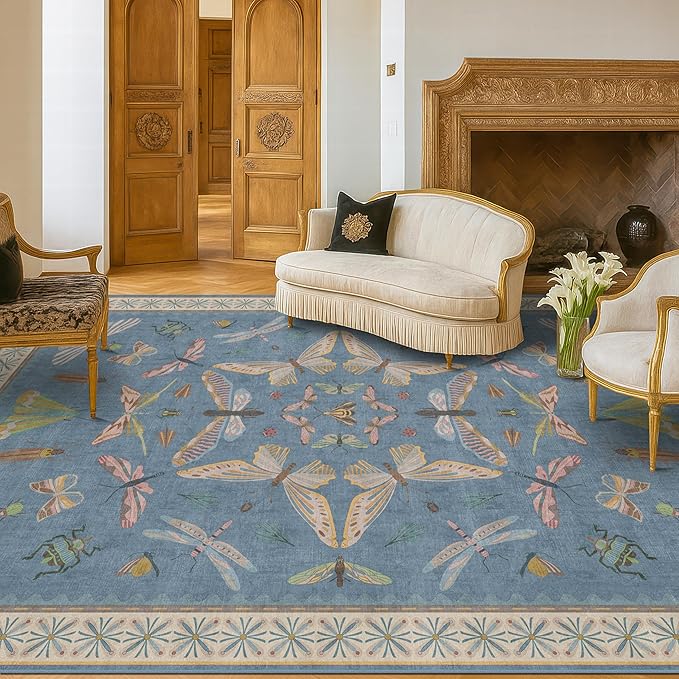 Hazo Haus 6x9 Blue Floral Rug for Dining Room Table - Area Rugs for Living Room, Bedroom, Insect Moth Art Nouveau Décor, Washable Lightweight Foldable Non Slip