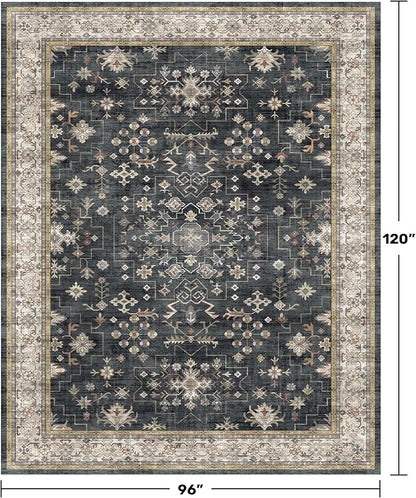 Black Farmhouse Washable 8x10 Area Rugs for Living Room, Bedroom, Dining Room Kitchen Table Rug for Under Table, Office, Dark Charcoal Tumble Stain Resistant Non-Slip Large Washable (8x10 Black/Multi)