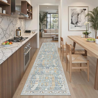 Madane Runner Rug 2x8, Washable Hallway Runner Rugs, Non-Slip Low-Pile Soft Kitchen Rug Runner Laundry Room Rug, Vintage Throw Entry Foyer Mat for Entrance Living Room (Blue/Gold, 2 x 8)