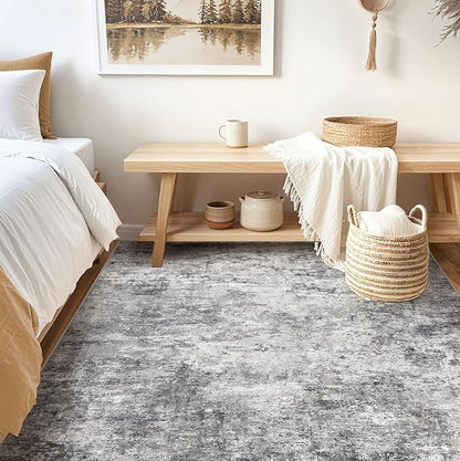 UERMEI Square Area Rugs : Washable 6x6 Neutral Modern Abstract Carpet for Living Room Bedroom - Soft Floor Mat with Non Slip Backing for Kitchen Nursery Dorms Farmhouse Home Decor - Grey