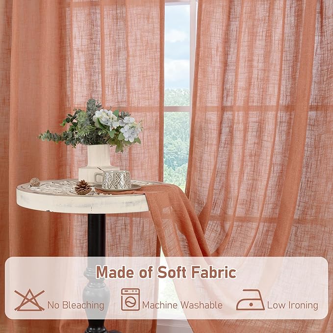 LAMIT Terracotta Linen Curtains for Small Windows 45 inch, Light Filtering Panels Back Tab and Rod Pocket Fall Decor Drapes for Cafe/Bathroom/Loft Room, 2 Panels, 34 x 45 Inch