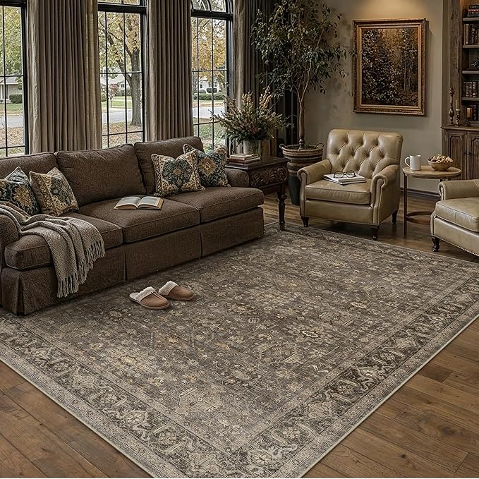 9x12 Washable Area Rug for Living Room Bedroom Vintage Brown Non Slip Carpet Traditional Retro Soft Low Pile Large Throw Rug for Dining Room Kitchen Office Indoor