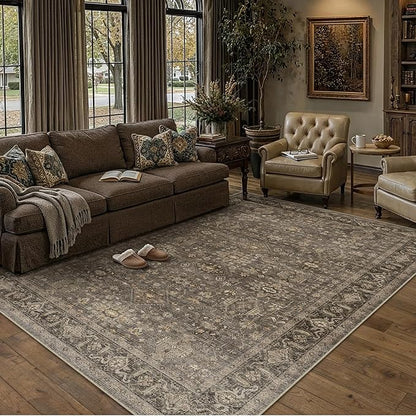 8x10 Washable Area Rug for Living Room Bedroom Vintage Brown Non Slip Carpet Traditional Retro Soft Low Pile Large Throw Rug for Dining Room Kitchen Office Indoor