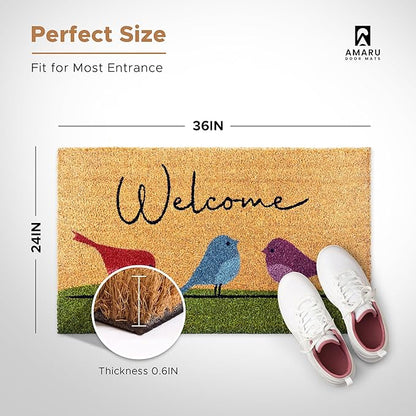 Colorful Birds - 24"x36" - Coir Door Mat with Heavy Duty Backing - Welcome Mats for Entryway, Porch - Anti-Slip PVC & Coconut Fiber Surface - Natural Home Accessories, Minimalist Original Design