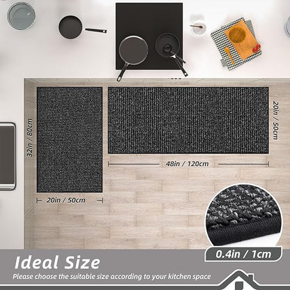BEQHAUSE Kitchen Rugs and Mats 2PCS, Non-Slip Kitchen Mats for Floor, Absorbent and Stain Resistant Kitchen Runner, Machine Washable Rugs for Kitchen, Laundry & Sink, 20"x32"+20"x48", Black