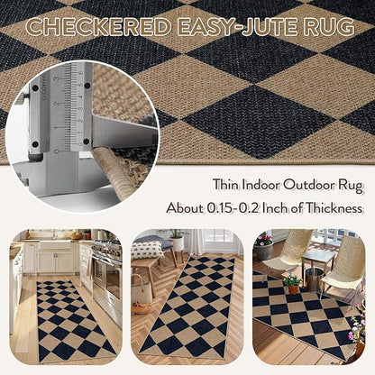 Lahome Colette Checkered Easy Jute Runner Rug, 2x6 Kitchen Mats for Floor Washable Entryway Runner, Checkerboard Black Indoor Outdoor Carpet for Hallway 6ft Entry Laundry