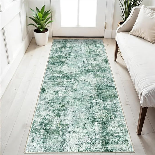 2x5 Washable Runner Rug for Hallway: Non Slip Entryway Runners Rugs Easy-to-Clean - Soft Living Room Bedroom Carpet - Thin Low Pile Floor Mat for Dining Room Green