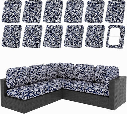 hyha 12Pcs Patio Cushion Covers, Stretch Outdoor Couch Cushion Covers Replacement, Washable Outdoor Chair/Sofa Slipcovers for Patio Furniture Cushions Protector with Elastic Bottom(Baroque,Cover Only)