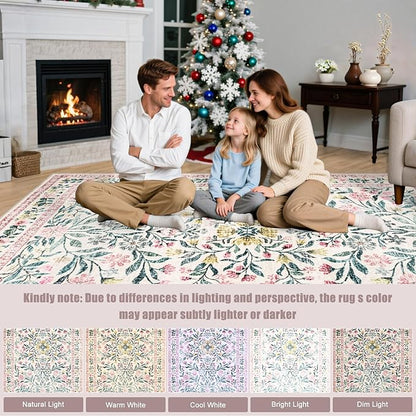 6x9 Area Rugs for Living Room: Floral Washable Rug Vintage Large Soft Boho Non-Slip Carpet Indoor Stain Resistant Thin Carpets for Bedroom Dining Room Farmhouse Nursery Hallway Home Office Pink Green