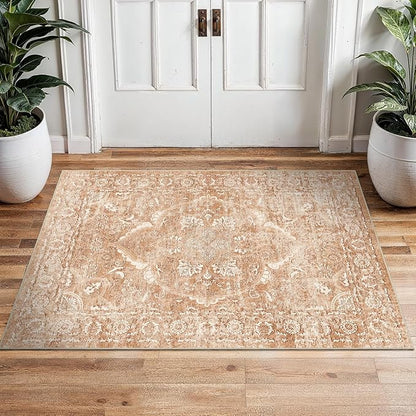2x3 Entryway Area Rug Washable - Neutral Small Entry Rug Kitchen Rug Runner Vintage Soft Floor Mat Non Slip Indoor Farmhouse Carpet for Bedroom Bathroom Living Room (Brick)