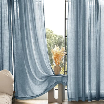 Dusty Blue Linen Curtains for Living Room Back Tab Light Filtering Semi Sheer Light Blue Bedroom Curtain Linen Cotton Textured Grey Blue Drapery Panel Airy Modern Farmhouse Aesthetic Decor 52x120 Long