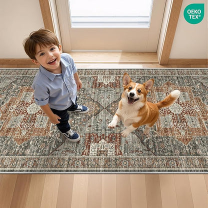 Runner Rug 2x8 Runners for Hallways Non Slip Washable, Vintage Hallway Runner Rugs for Living Room, Low Pile Soft Hallway Rug for Kitchen Bedroom Laundry Room Rug(Grey/Brown/Tan,2'x8')