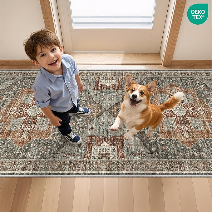 Hallway Runner Rug 2x12, Extra Long Washable Runner Rugs with Rubber Backing, Non Slip Runner, Vintage Rug Runners for Kitchen Laundry Room Entryway (Grey/Brown/Tan,2'x12')
