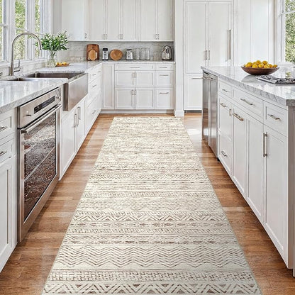 3x15 Washable Kitchen Runner Rug: Modern Moroccan Runners for Hallway Soft Non Slip Rugs with Rubber Backing Low Pile Thin Waterproof Floor Carpet for Entryway Bedroom Bathroom Indoor 3x15 Beige
