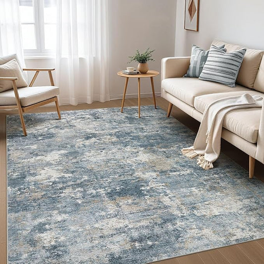 Nakagishi 6x9 Area Rugs Living Room: Washable Abstract Large Neutral Soft Rug Stain Resistant Modern Indoor Floor Non-Slip Carpet for Bedroom Nursery Kids Playroom Office Dining Room Dorm-Blue Brown