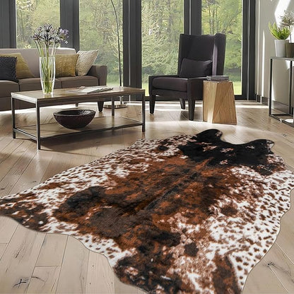 Cow Print Faux Cowhide Rug, Fluffy Fur 5.2x7 Feet Washable Cow Rugs for Living Room Bedroom Animal Print Hide Skin Rustic Western Décor Black and Brown