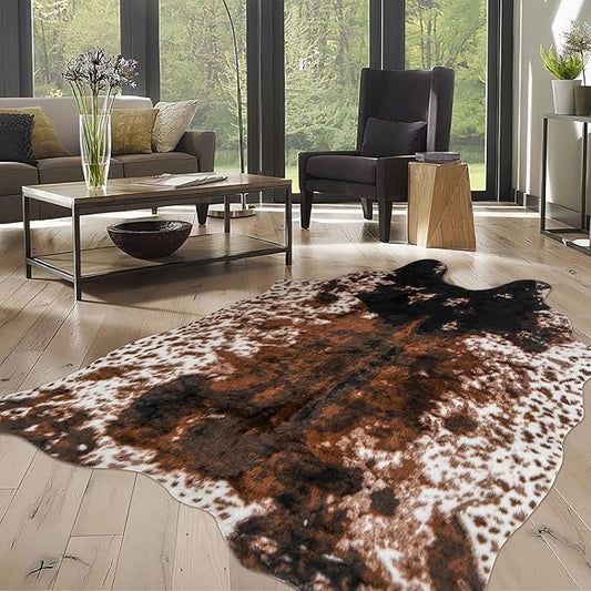 Cow Print Faux Cowhide Rug, Fluffy Fur 6.2x8.2 Feet Washable Cow Rugs for Living Room Bedroom Animal Print Hide Skin Rustic Western Décor Black and Brown