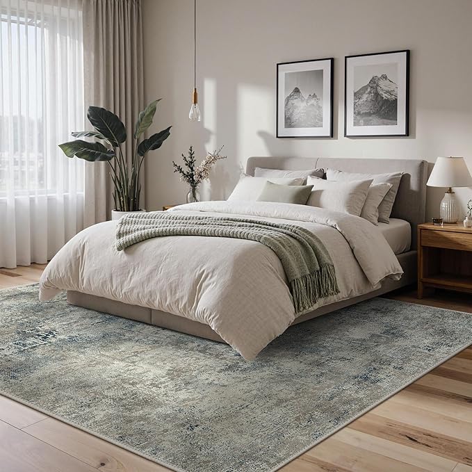 BEIMO Area Rugs 8x10 for Living Room Bedroom, Modern Abstract Machine Washable Rug, Large Soft Low Pile Floor Carpet with Non Slip Backing for Dining Room, Light Gray Blue