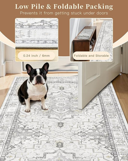 Madane Runner Rug 2'6''x8' Kitchen Runner, Hallway Runner Printed Vintage Rug 2.5x8ft Washable Rugs Soft Non-Slip Low Pile Runners for Hallways Laundry Room Rug, Grey