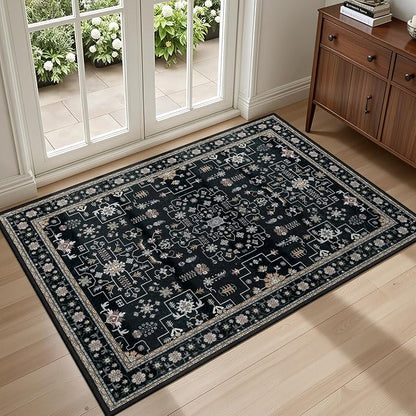 2x3 Area Rugs Living Room Rug: Washable Vintage Boho Medallion Rug No Slip Stain Resistant Soft Carpet Indoor Floor Large Carpets for Bedroom Dining Room Farmhouse Nursery Hallway Home Office Black